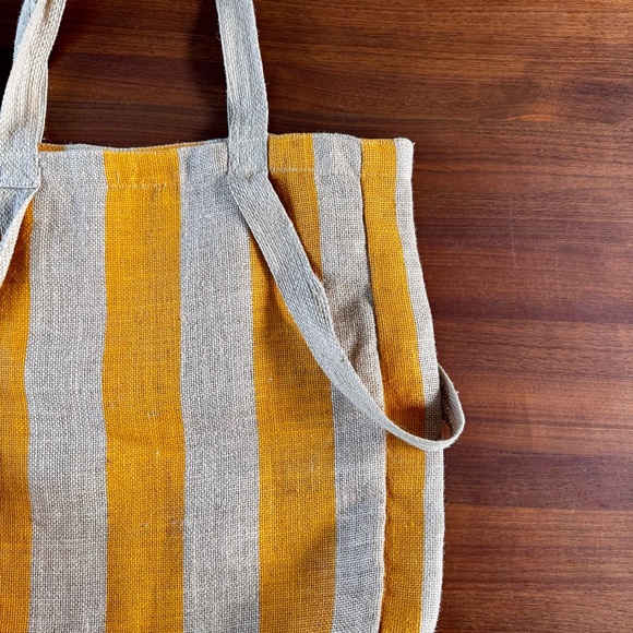 Saardé 100% Natural Woven Jute Market Bag in Mustard Stripe - Beach Pool Tote - Picture 14 of 15